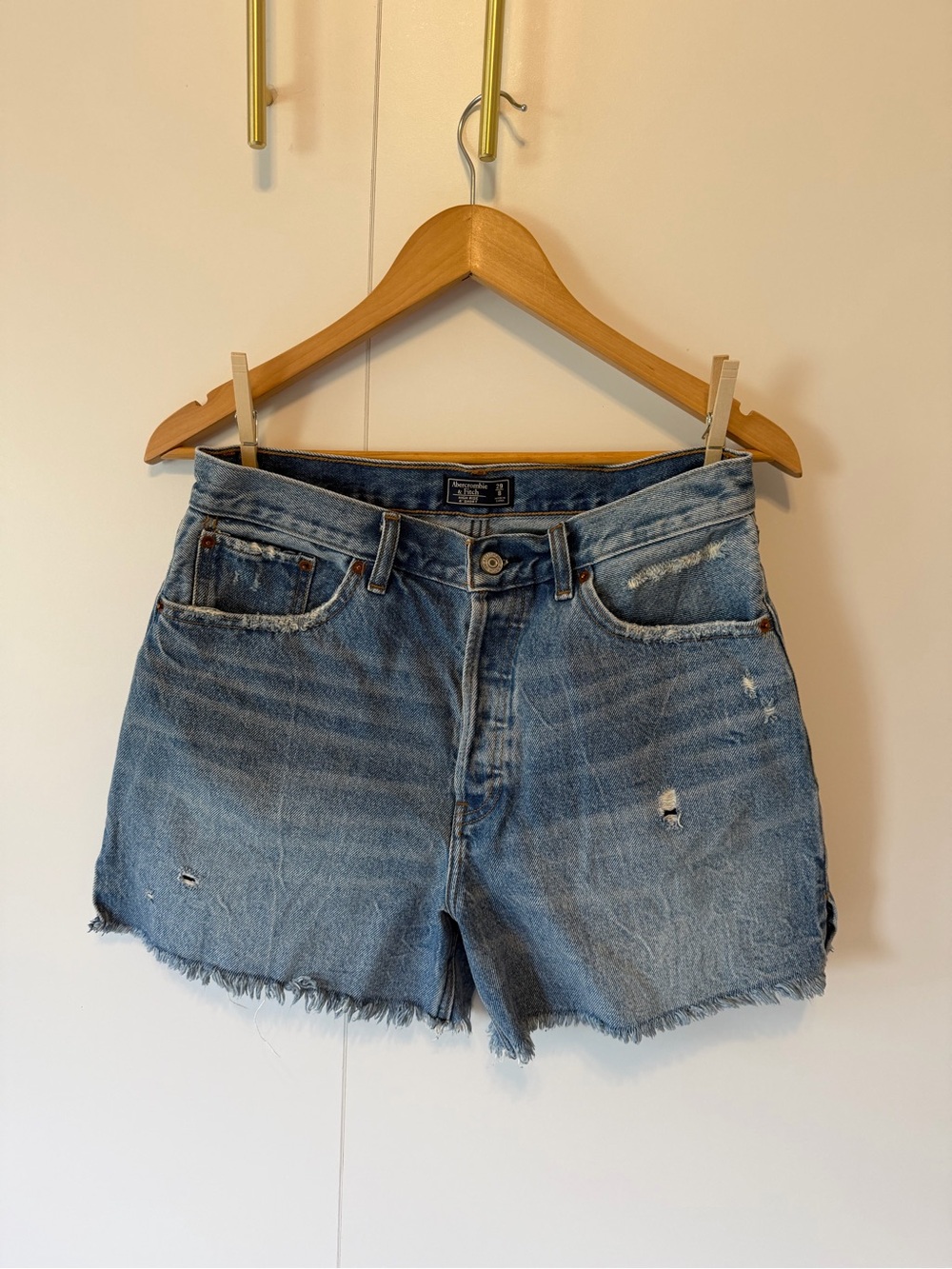 Abercrombie & Fitch High Rise 4” Distressed Light Blue Denim Cutoff Shorts